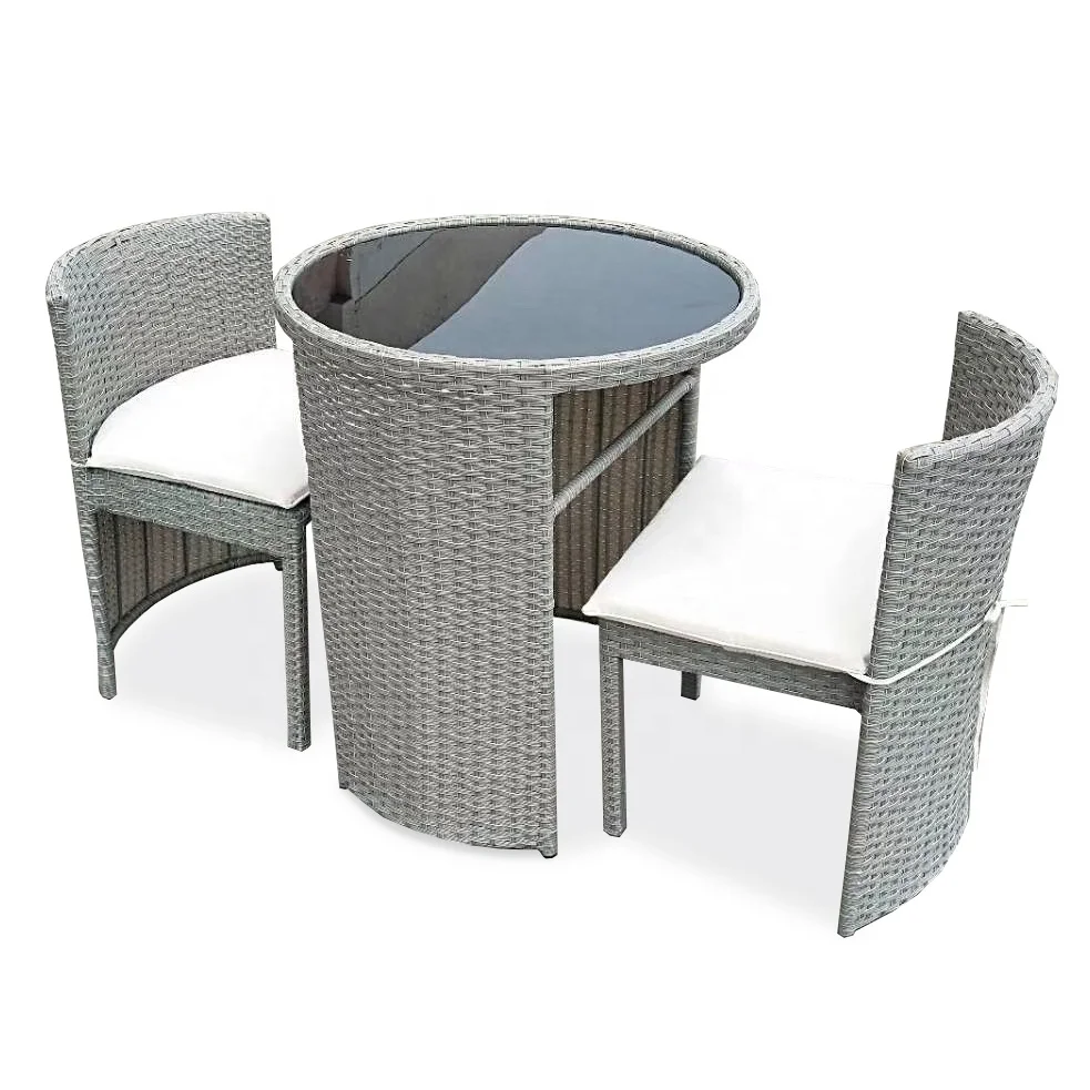 Round Small Grey Compact Poly Rattan Ratan Outdoor Bistro Table Set