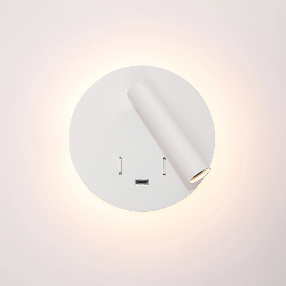 6W Hotel Bedside Recessed Wall Round Reading Light with Halo ring and USB Port