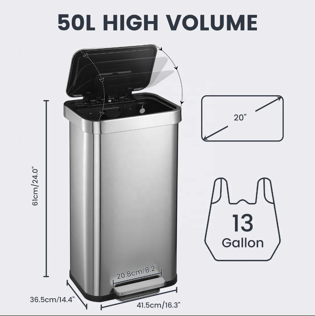 50l Stainless Steel Foot Pedal Trash Can With Soft Close Lid Anti