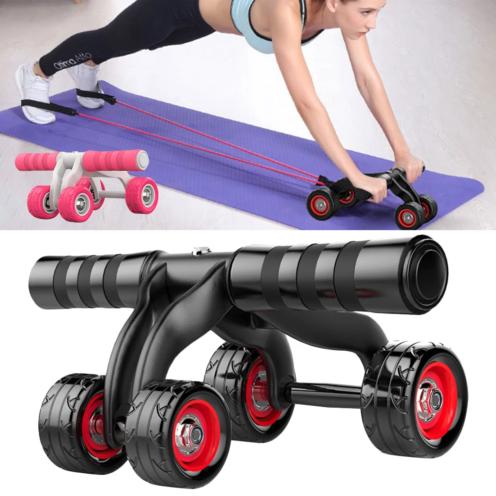 2-in-1 Ab Roller 4 Wheels Set Abdominal Abs Workout Fitness Machine Gym Muscle Training Exercise Wheel with Resistance Rope