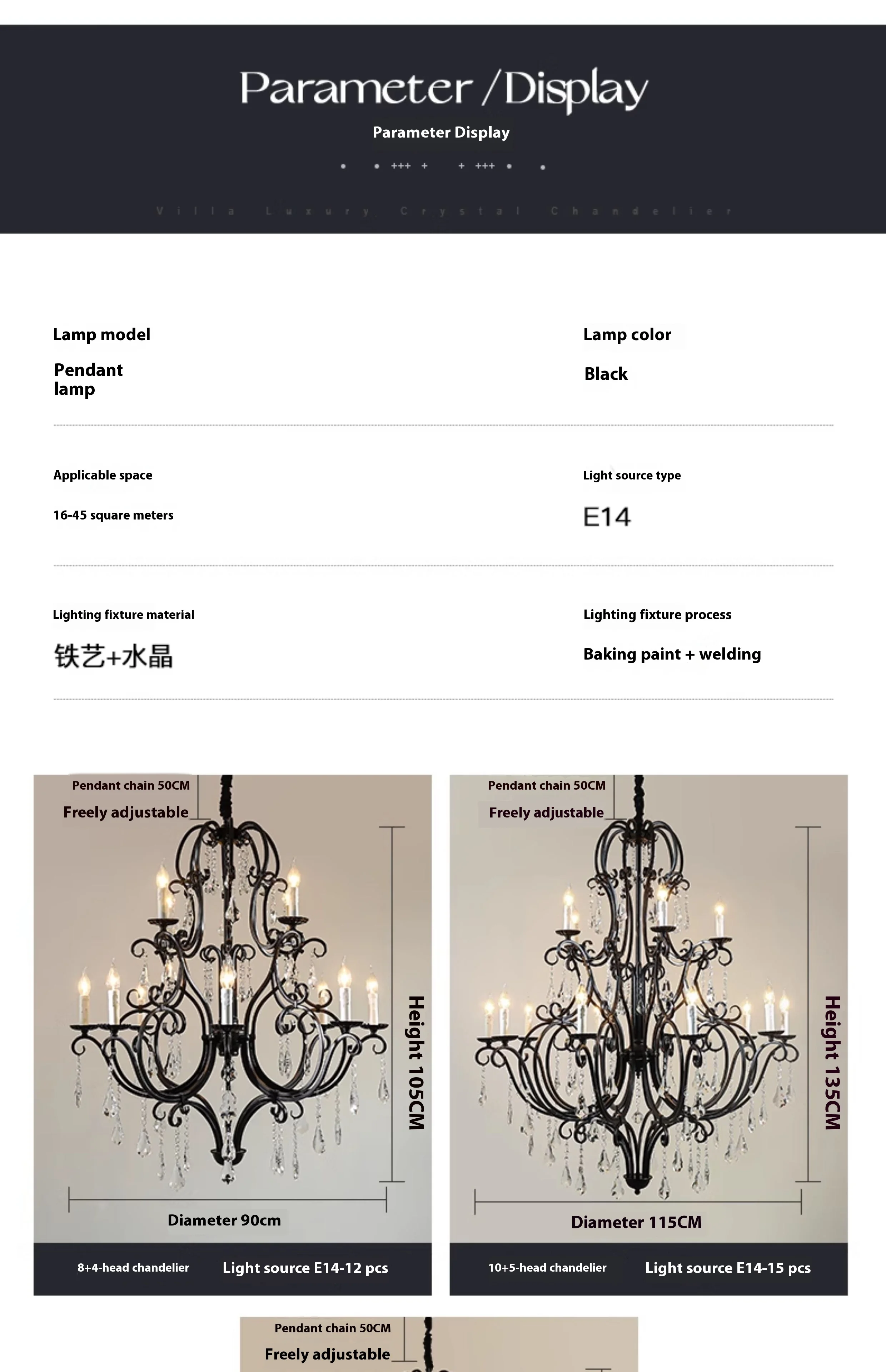 product large vintage retro brass black metal crystal chandelier customized home decor pendant light-16