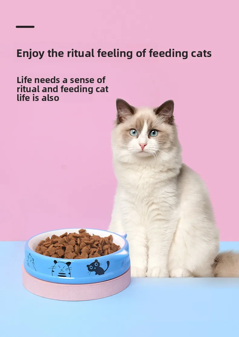 KM Ceramic Eco-Friendly Solid Pet Bowl Flat-Mouth Feeding Dish Neck Protection Slanted-Mouth Puppy Dog Bowl Indoor Use Cat