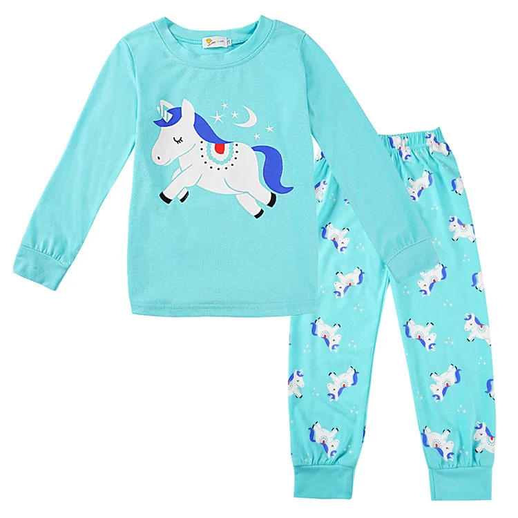 Long sleeve cartoon unicorn print girls sleepwear kids pajamas set 