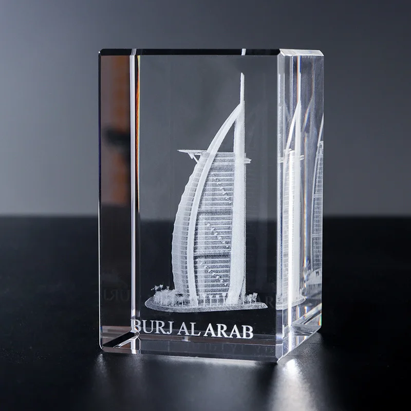 Hot Sale Dubai Hotel Building Crystal Cubes 3D Laser Engraved Religious Block Model Polished Technique souvenirs gift tourists supplier