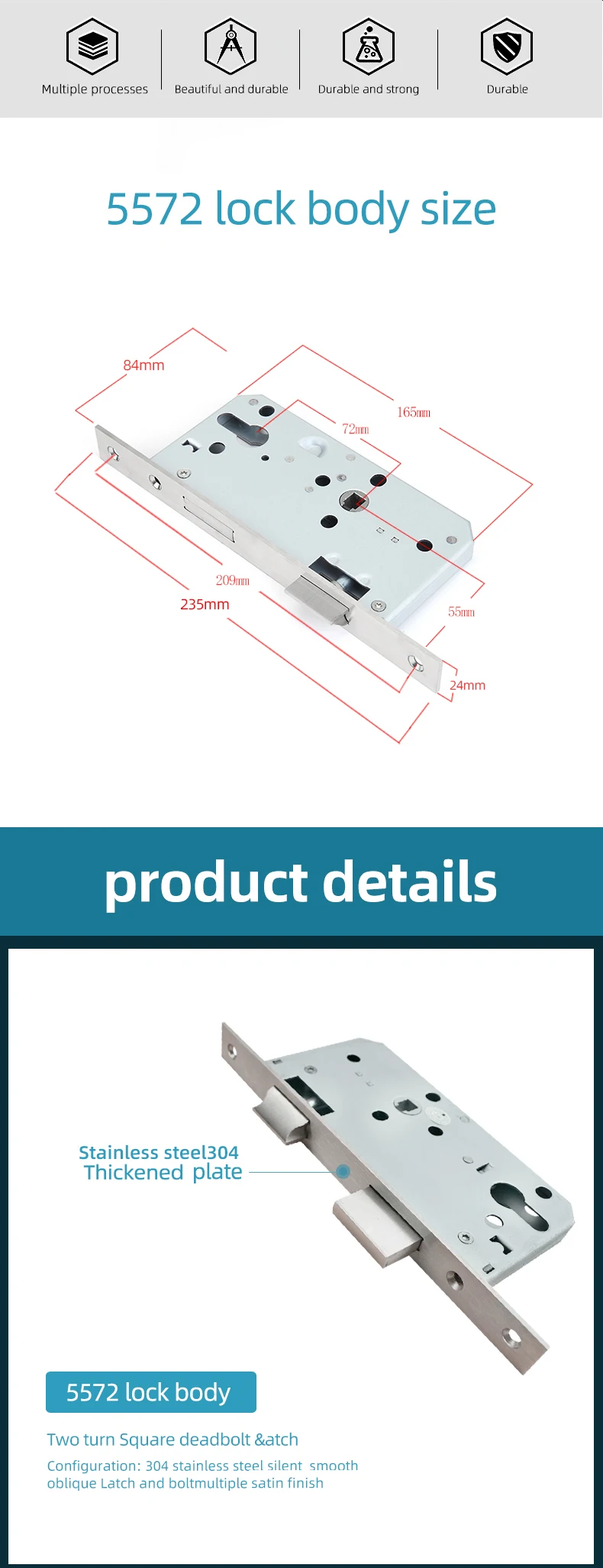 High Security Square Head Standard European Lock Body 55 / 72 Mm
