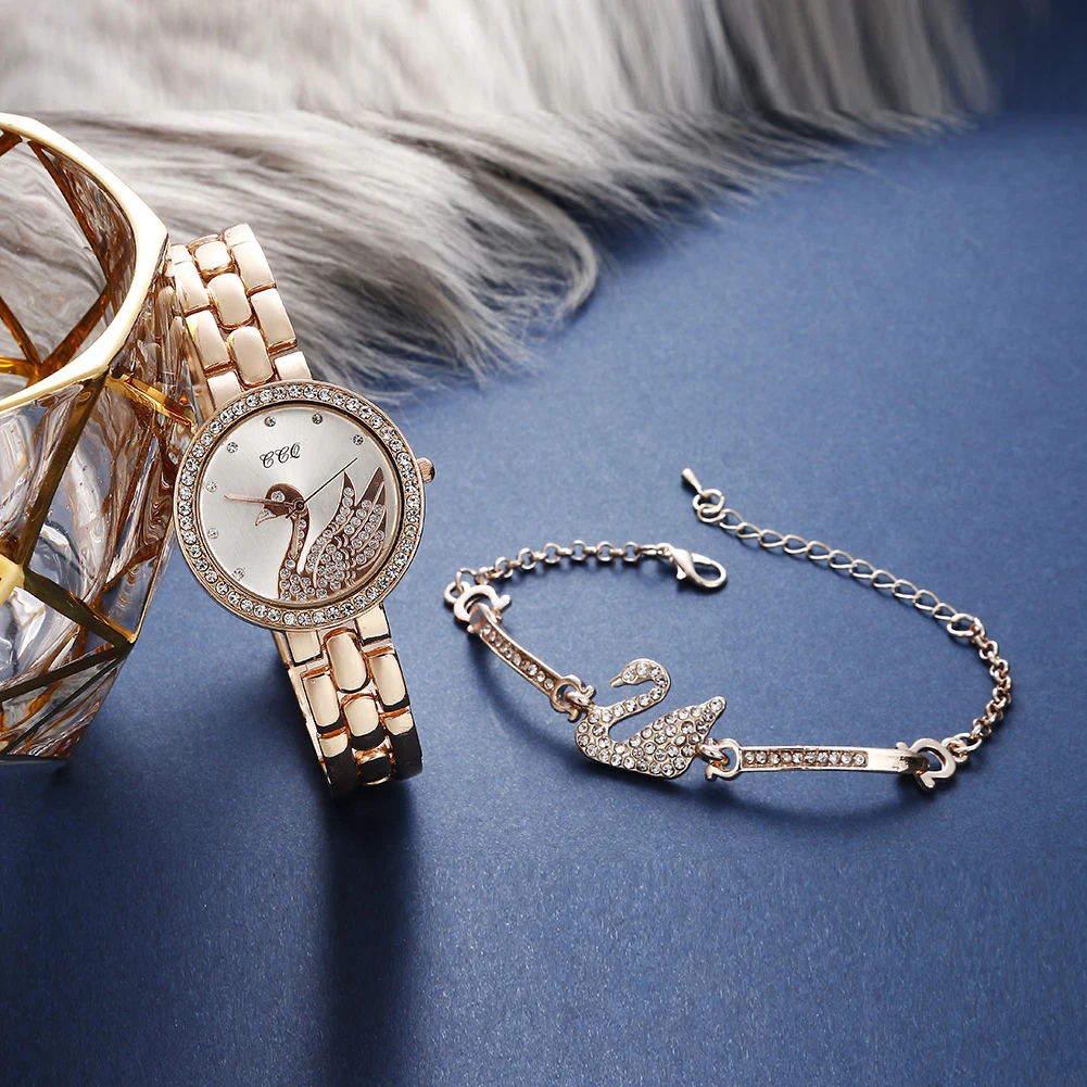 2 PCS Jewelry Set Steel Watch Ladies Quartz Crystal Dial Swan Watches Stylish TW468