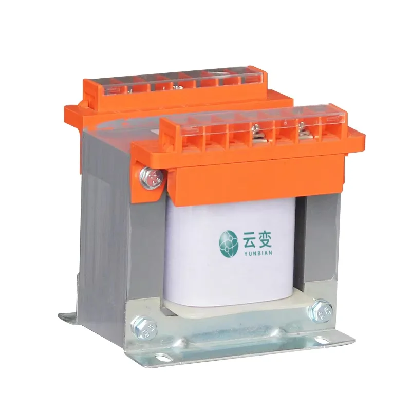 Front view of a compact 240V to 100V step down transformer with input/output terminals and status LED