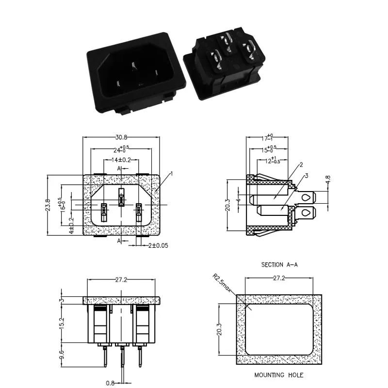 Connector Iec Db14 3 Pin 250v Inlet Male Plug Ac Circular Power Socket