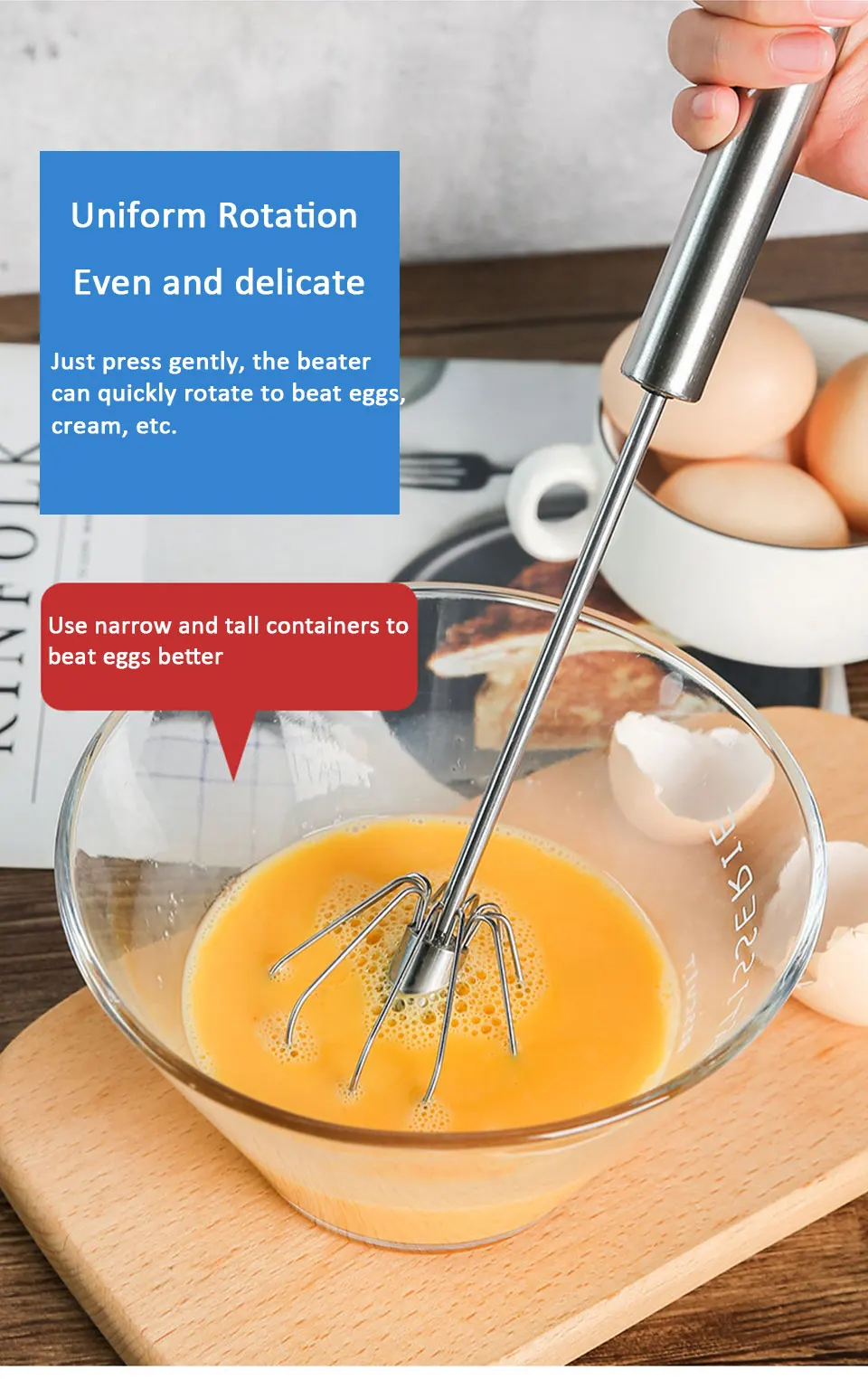Semi-automatic Egg Beater 304 Stainless Steel Whisk Manual Hand Mixer Self Turning Stirrer Kitchen Accessories Egg Tools