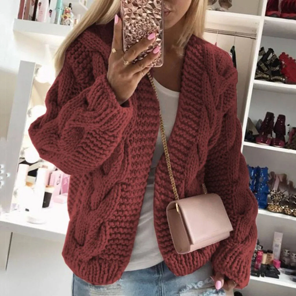 Winter Women Knitted Sweater Coat Solid Color Cardigan Tops Long Sleeve ...