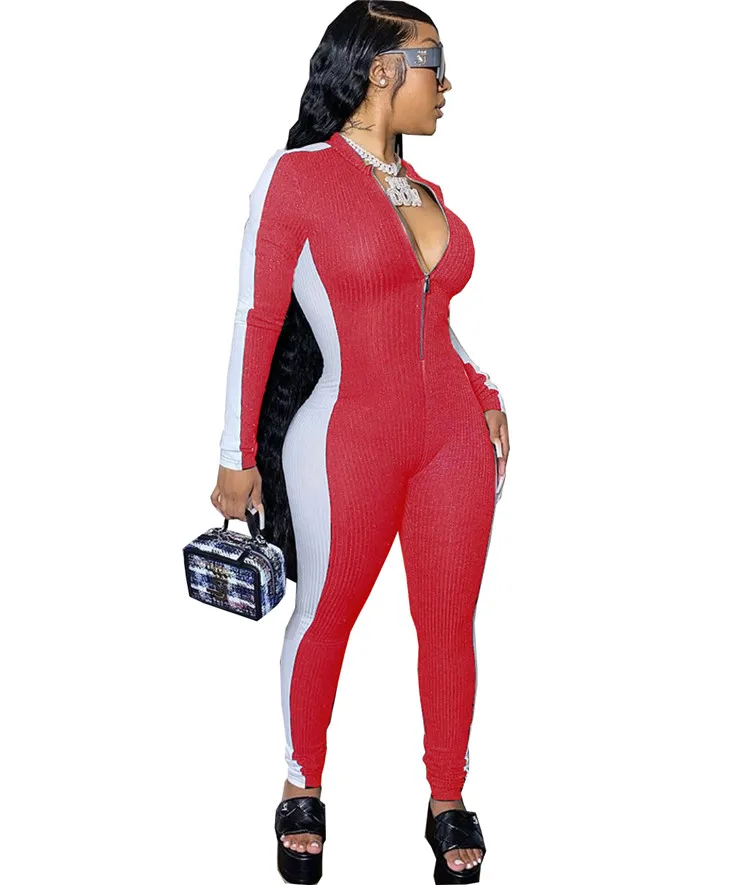 Fashion Lady Rompers Long Sleeve Patchwork Adjustable Neck Sexy Autumn Women One Piece Jumpsuits