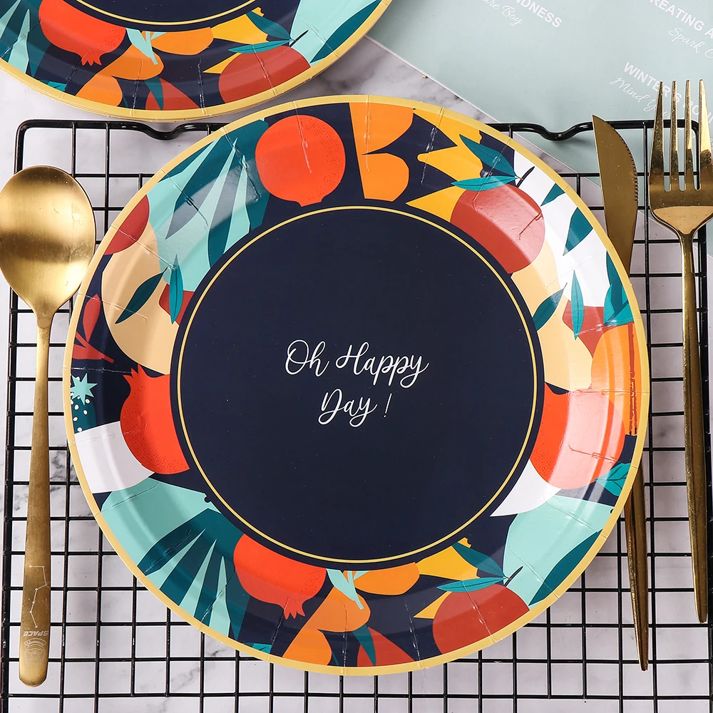 Pomegranate Camping Paper Plates Happy Day Black Decorative Disposable Dinner Tray 10PCS/BAG for Tables factory