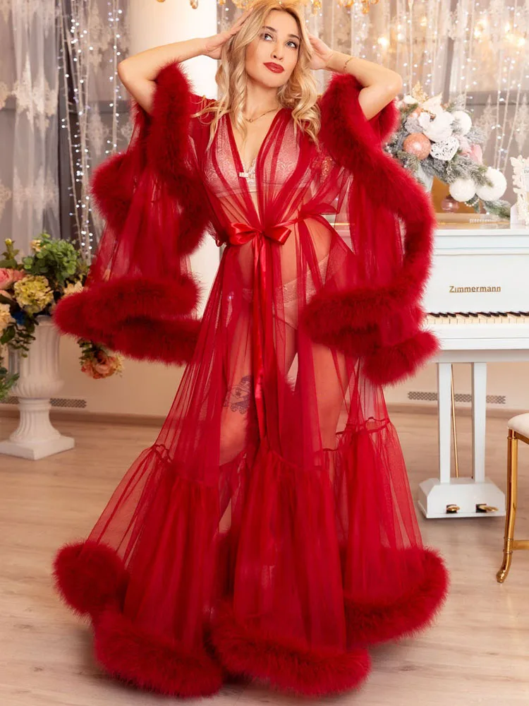 Wholesale Red Feather Dressing Gown Sexy tulle Lingerie Marabou feather robe Sheer robe Valentine's Gift Idea Boudoir photo From m.alibaba.com
