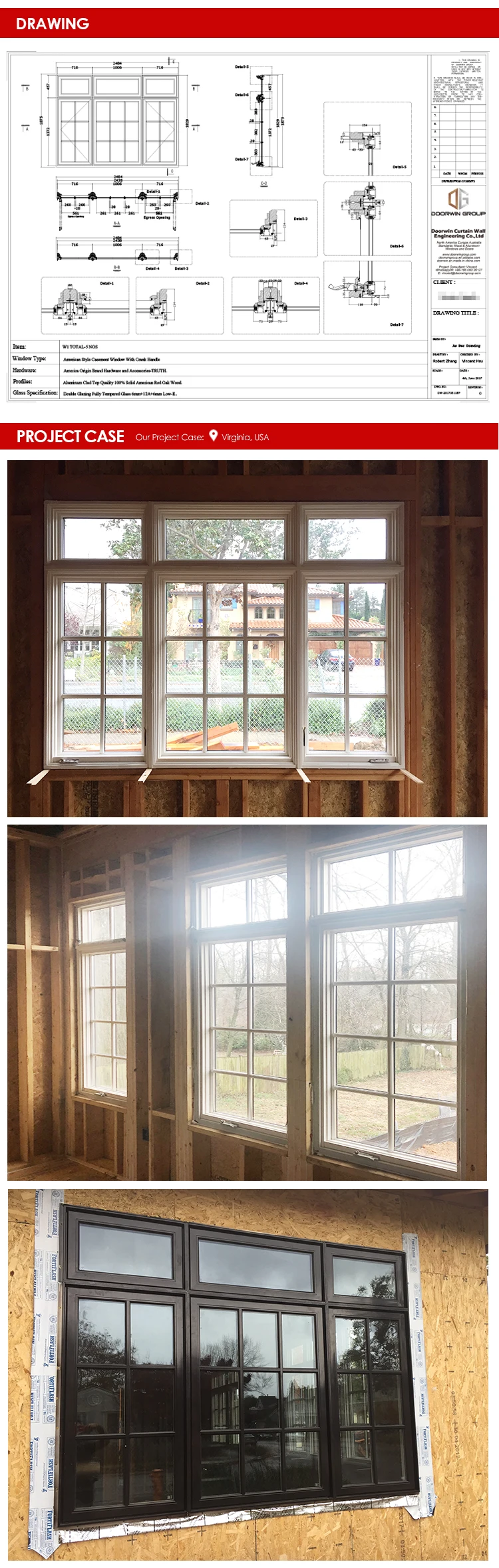 2020 Doorwin new product white oak wood frame alu-clad grille design casement windows for sale