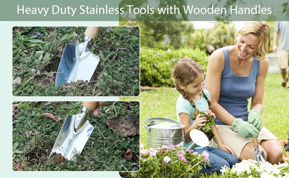 product 10 piece heavy duty stainless steel garden tool set manual includes detachable storage tote bag mini diy men women a one wood-9