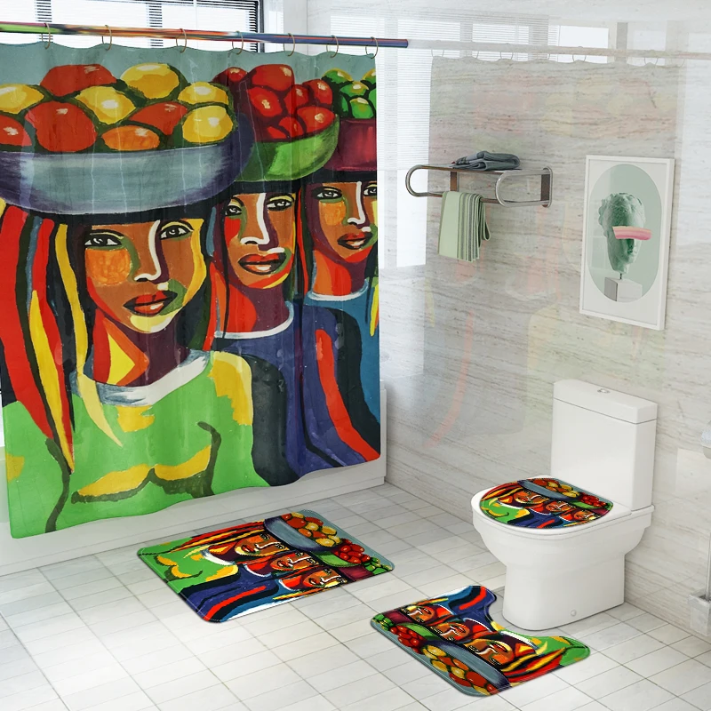 Africa Style Anti Slip Bathroom Rug 4 Piece Set Custom print Shower curtain