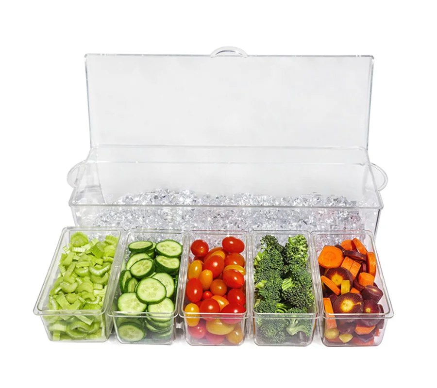 Ice Chilled 5 Compartment Condiment Server Caddy,Serving Tray Container