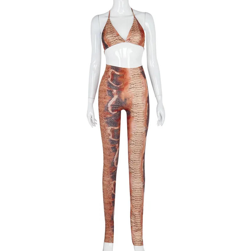 Casual Fashion Snake Printing Trousers Women Two Piece Set Pants Bikini Top 2020