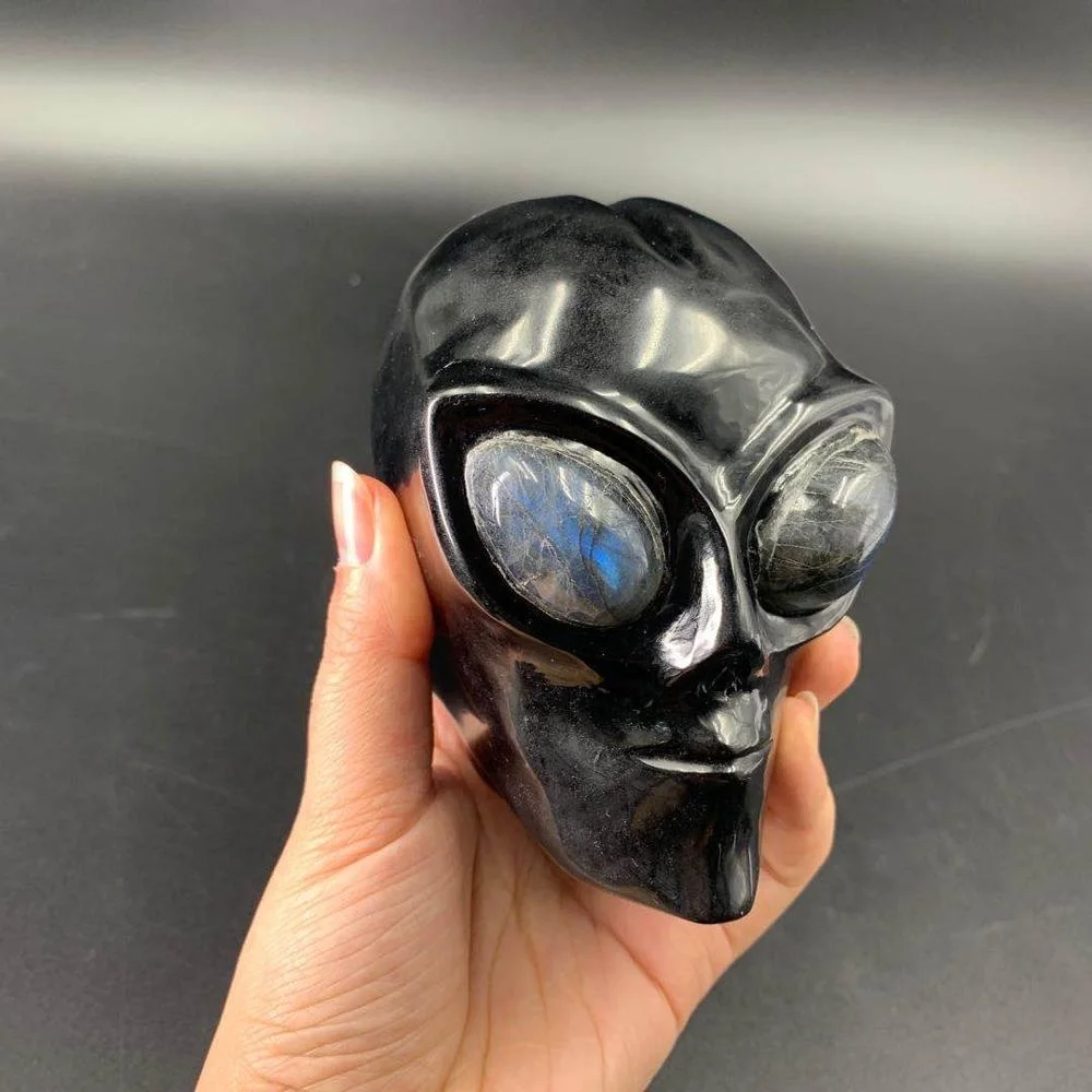 crystal obsidian alien skull carving aura labradorite eye black