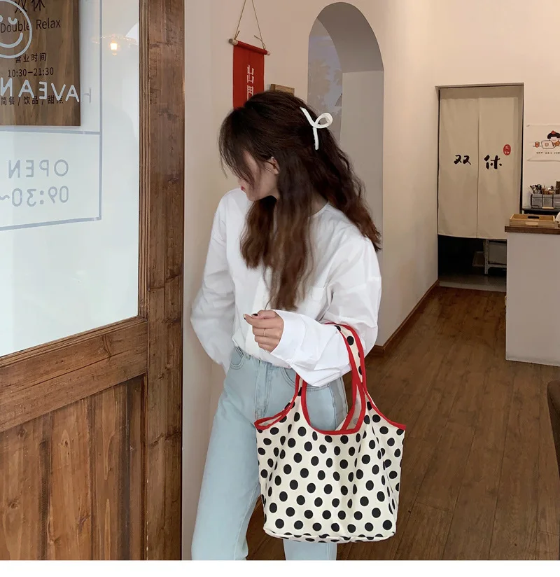 2024 Japanese Style Canvas Shopping Bag Fashionable Dot Casual Shoulder Handbag Outdoor Canvas Shopping Bag