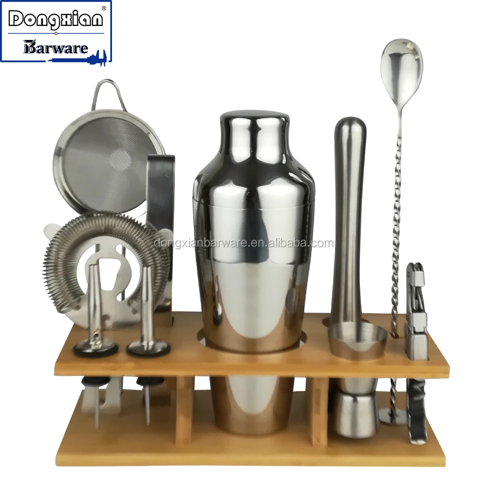 11 Piece Bartender Set,Stainless Steel Barware With Wooden Or Bamboo