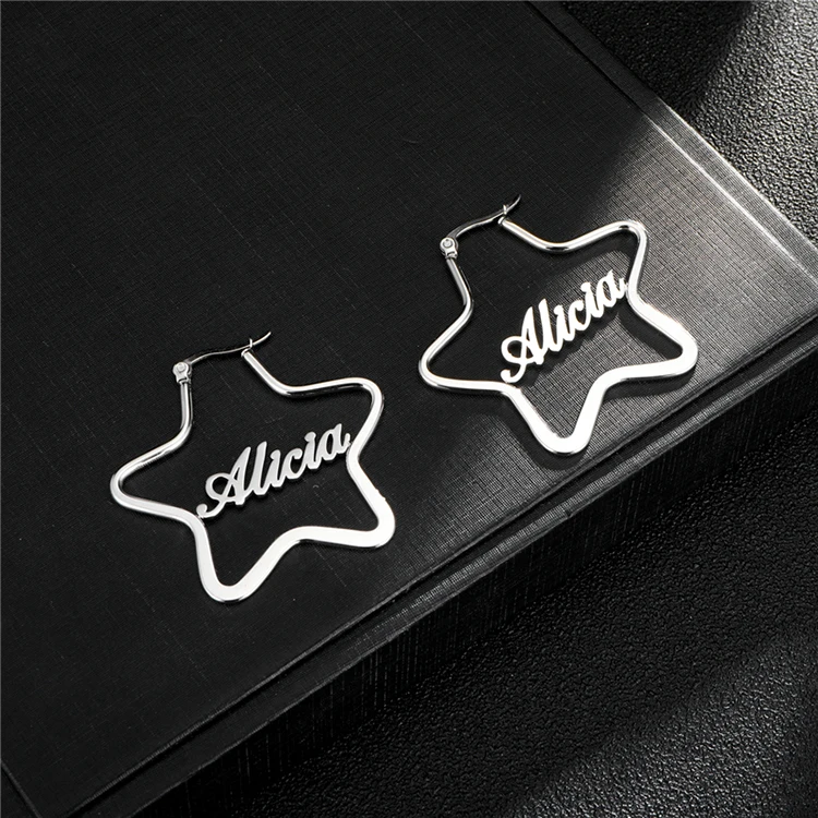 Personalized Jewelry Stainless Steel Silver Star Hoop Earrings Custom Any Name Earrings For Valentines Day Gifts