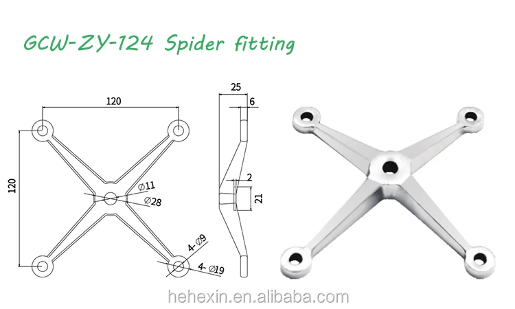 Stainless Steel Glass Curtain Wall 4 Arms Fixed Spider Fittings