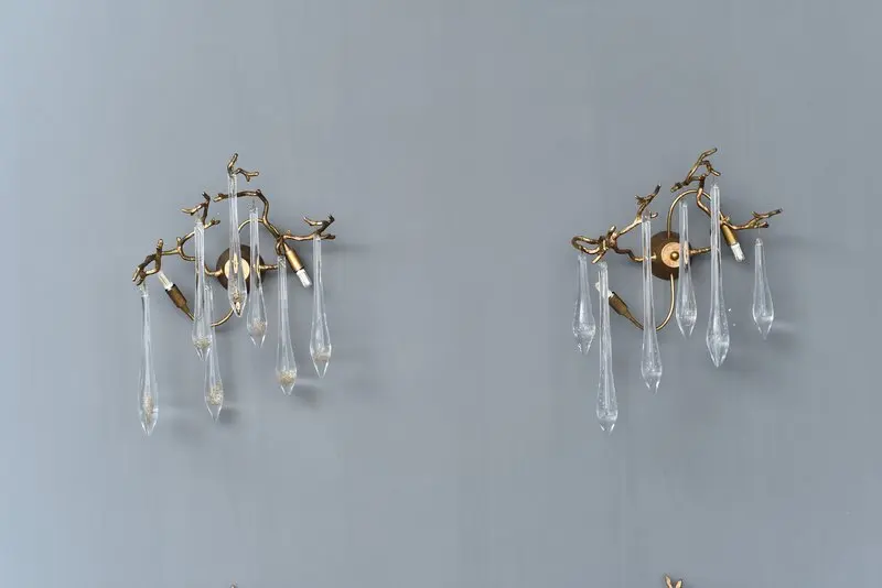 MEEROSEE Icicle-Trimmed Crystal Pendant Wall Light Gold Copper Wall Sconce Lamps Wedding Decoration Rattan Lighting MD87026