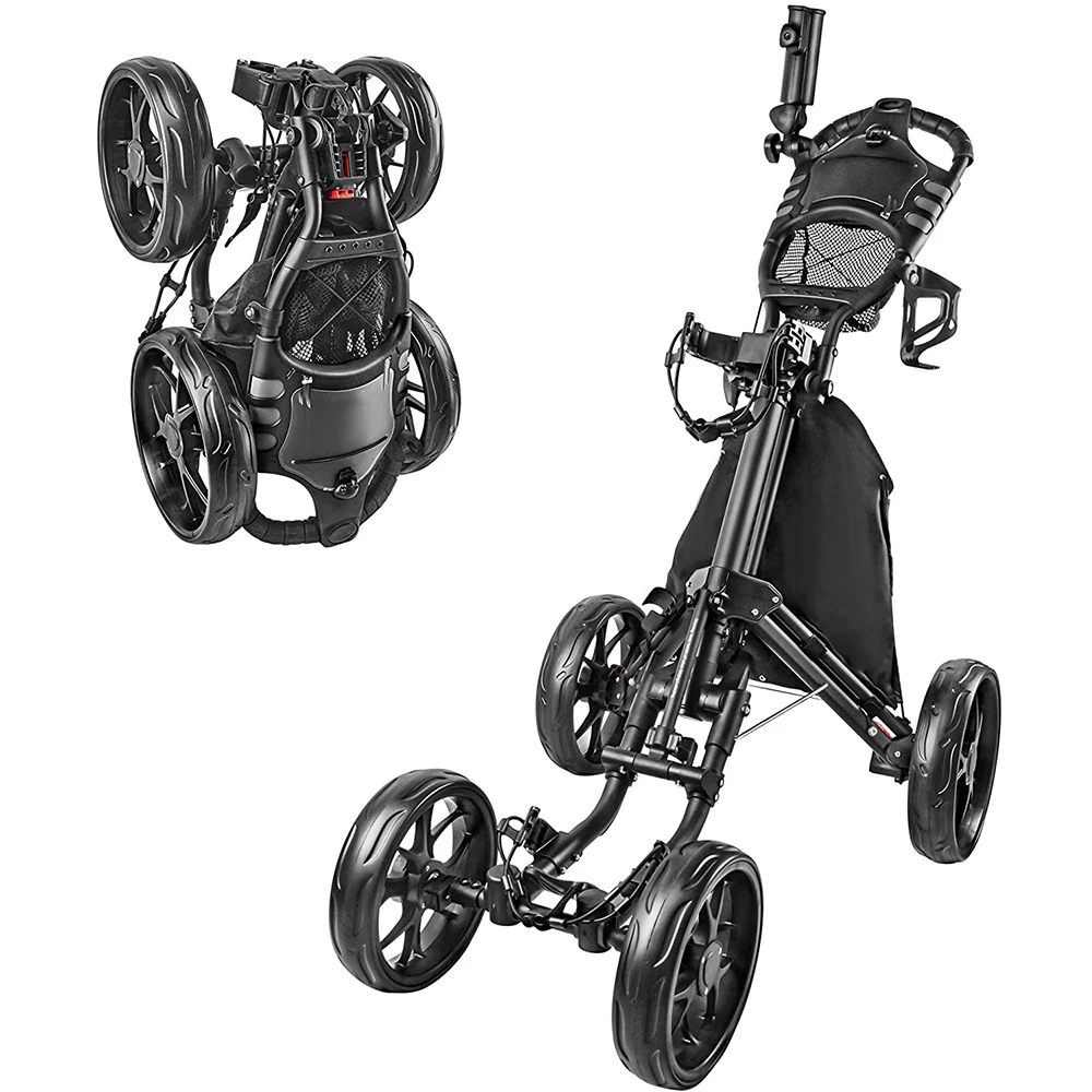 Foldable 4 Wheel Golf Push Cart Golf Trolley With Foot Brake Umbrella