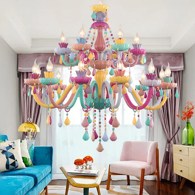 Fantasy girl princess Luminaire hanging light fixtures Crystal Chandelier Macaron Color Droplight For Children Bedroom