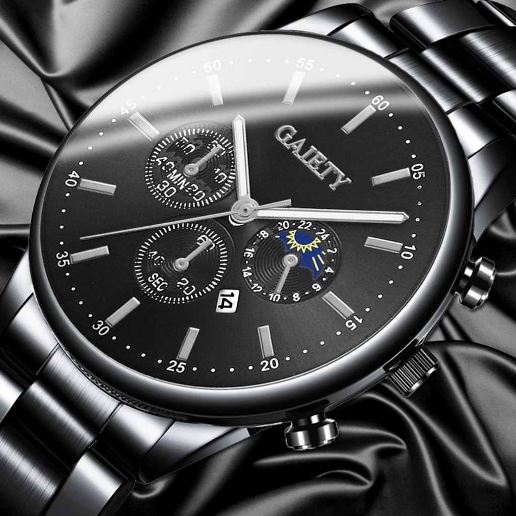 设计品牌豪华男士手表自动黑色手表男士不锈钢防水商务运动机械腕表