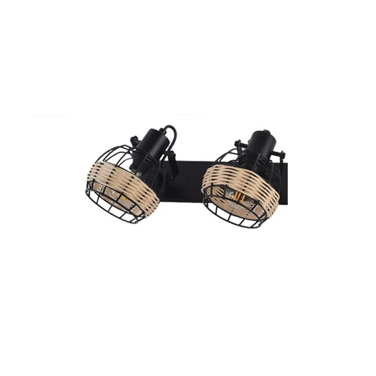 Hot in sale adjustable rattan spot light in wall  handmade rattan+hardware twin spot light 2 way spot light indoor