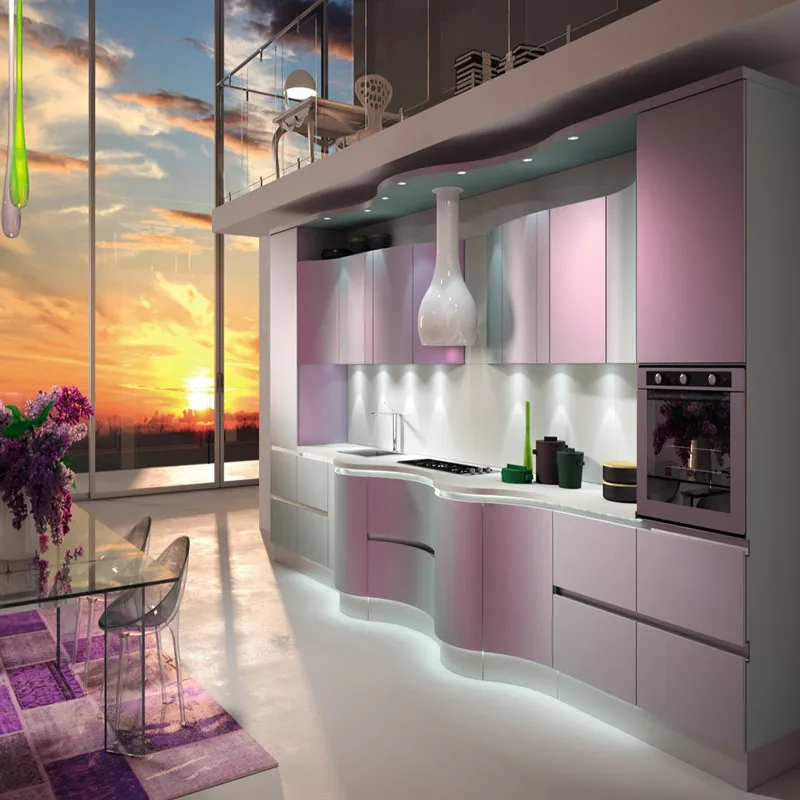 High End European Style Pink Curved Shaped Lacquer Kitchen Cabinet with Lights and Island