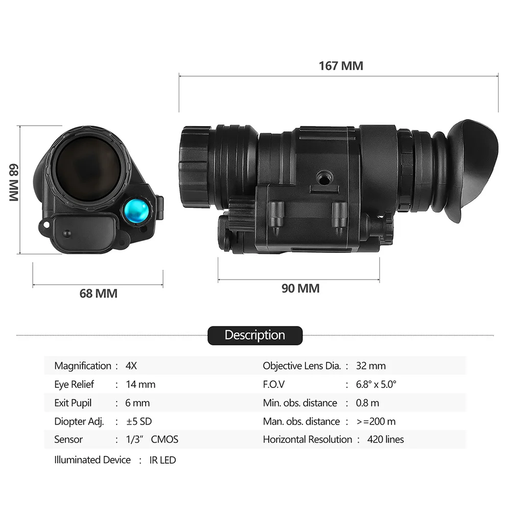 Spina Pvs 14 Hunting Night Vision Monocular 200m Infrared Ir Nv Head