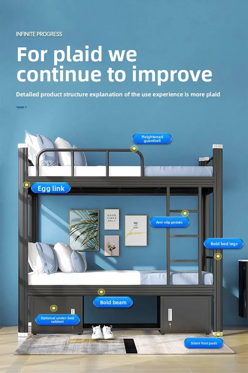 product hot selling luxury dormitory iron bed ladder durable simple double bunk staff modern design style metal frame school furniture-3