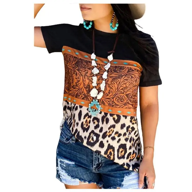 

Leopard Buckstitch Color Block T-Shirt Tee,2 Pieces, Picture color