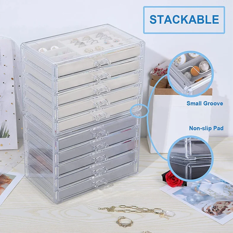 Clear Jewelry Organizer With 5 Drawers,Stackable Velvet Earring Display