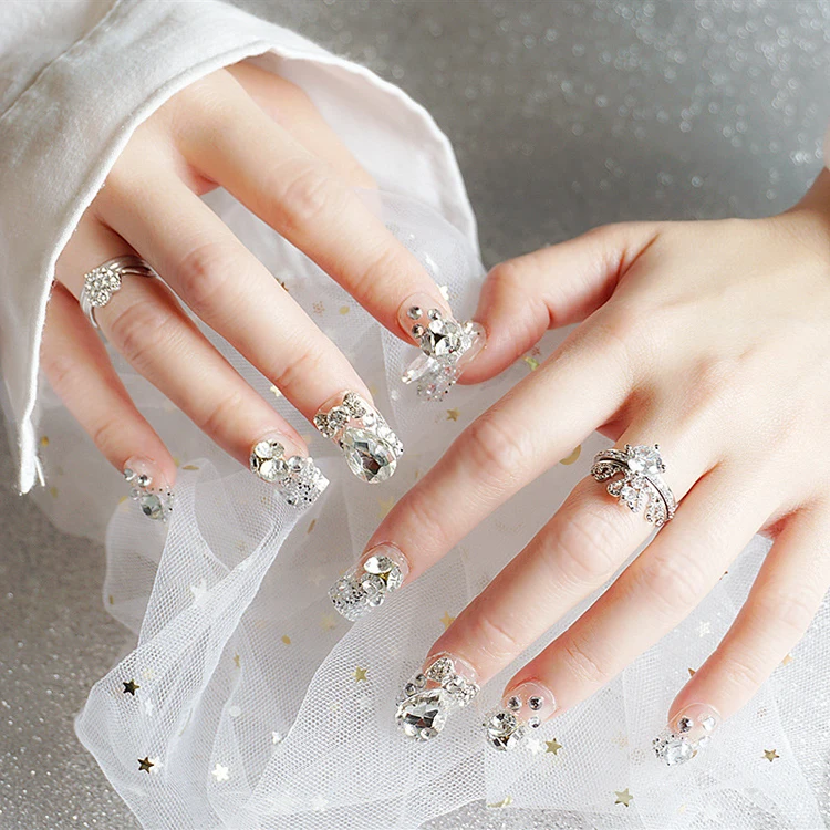 OMG Pearl Shiny pinky Glittery Extra Long Stiletto Faux Ongles Press on Nails With Sticker