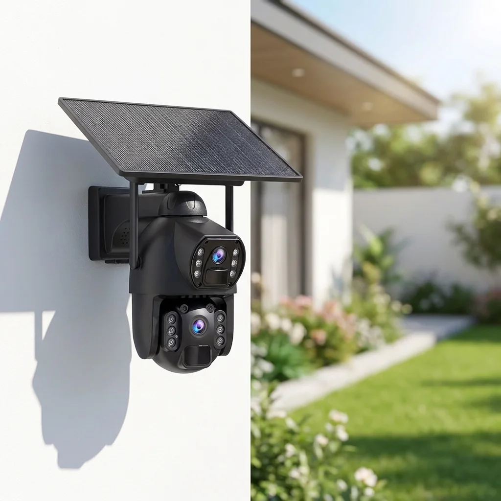 1080p outdoor PTZ WiFi security camera mounted on a wall with solar panel attached