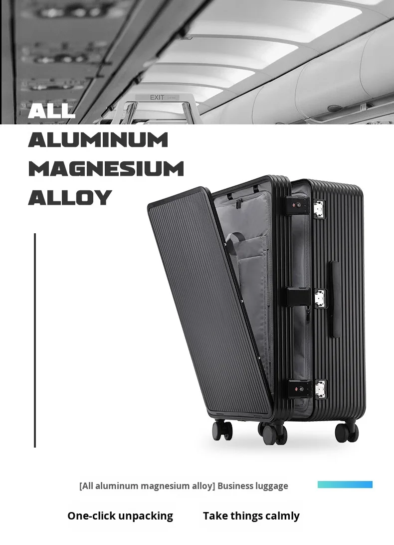 product full aluminum luggage spinner trolley case 20 24 30 inch unisex front opening waterproof anti theft tsa lock suitcase business-6