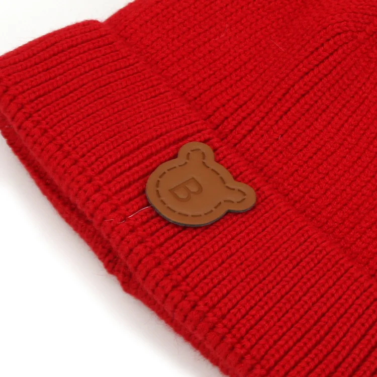 LRT Wholesale Winter Custom Logo Kids Brushed Hat Pure Color Earflaps Cap Cute Bear Baby Knitted Hat With Pom Pom Ears