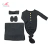 Wholesale custom black organic ribbed cotton headband mittens knotted gown newborn baby swaddle wrap blankets sets