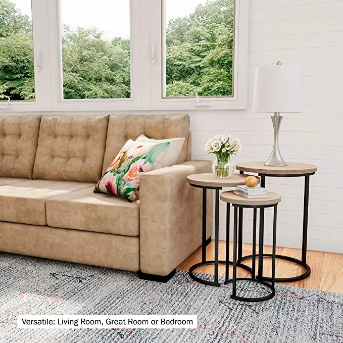 Round Nesting Sofa Side Table Modern Woodgrain Look With Black Base For