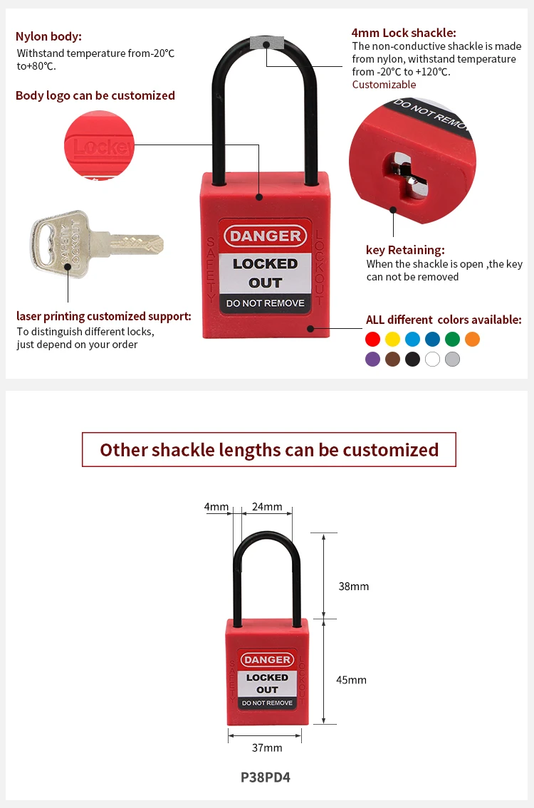 4mm diameter Thin Best Selling Stainless Steel Nylon Shackle Abs Body Safety Lockout Padlock