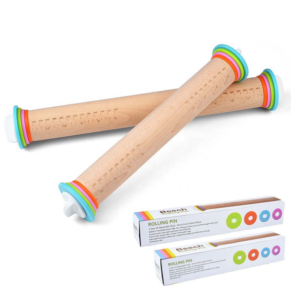 
adjustabla beech wood rolling pins for baking Christmas dough baking multicolored removable rings 
