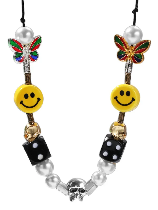 Kpop Rope Necklace for Men Dice Skull Pearl Yellow Smiley Face Multico