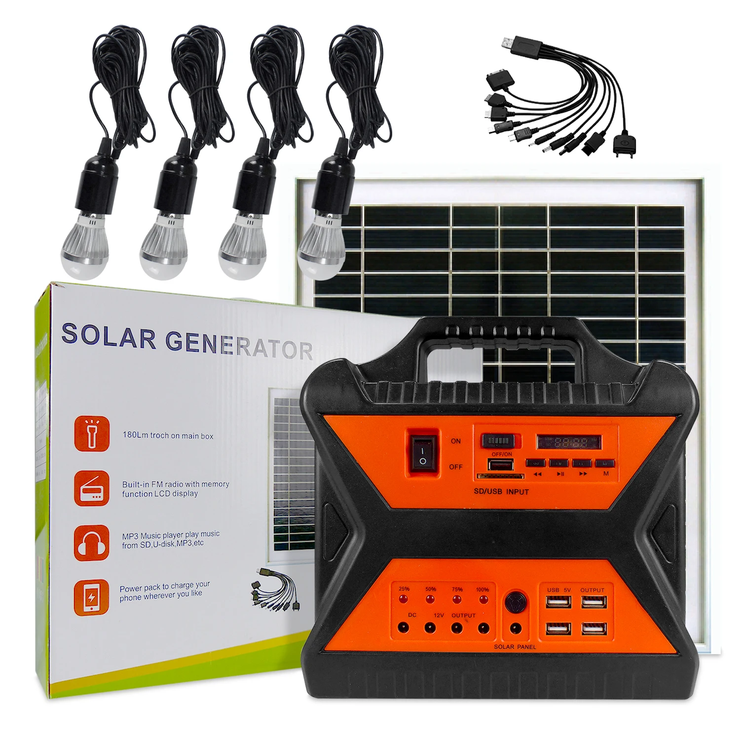 Mini Portable Small Solar Generator 12V DC 10W Lithium Battery Solar Energy  System With Radio and LED Blubs for Home Lighting