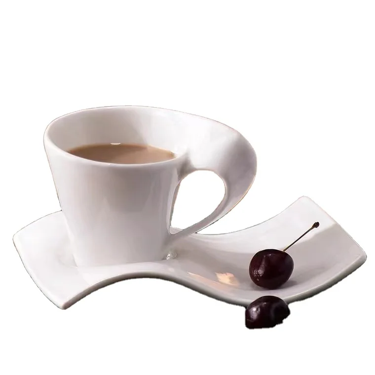 European Small Capacity Porcelain Wave Irregular Shape Ceramic Mug Coffee Cup and Saucer Sets details