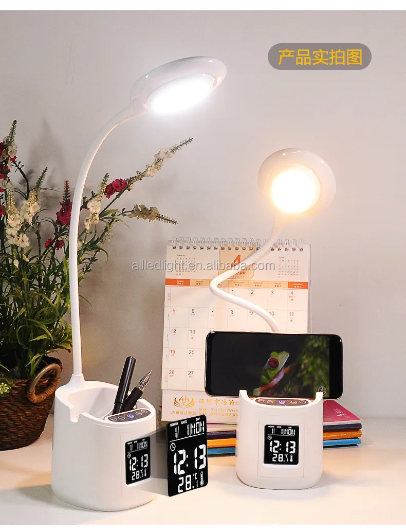 Led Desk Lamp For Home Office,Clock Lamp,Desk Light With Pen Holder And