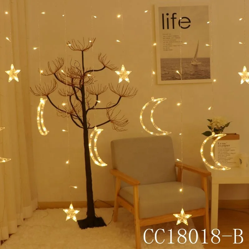 110V/220V 6 Small Star  6 Big Moon Christmas Halloween Holiday String Led Window Curtain Fairy Lights For Ramadan Decoration